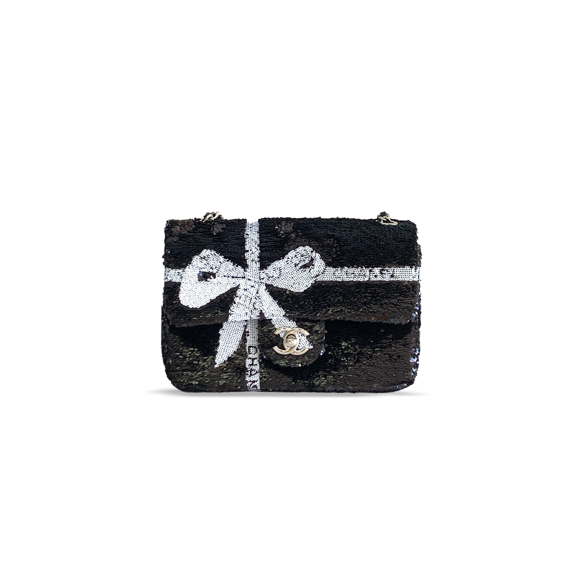 CHANEL 24B WHITE & BLACK SEQUIN BOW MINI FLAP SILVER HARDWARE BAG AS2090 (20*13*6cm)